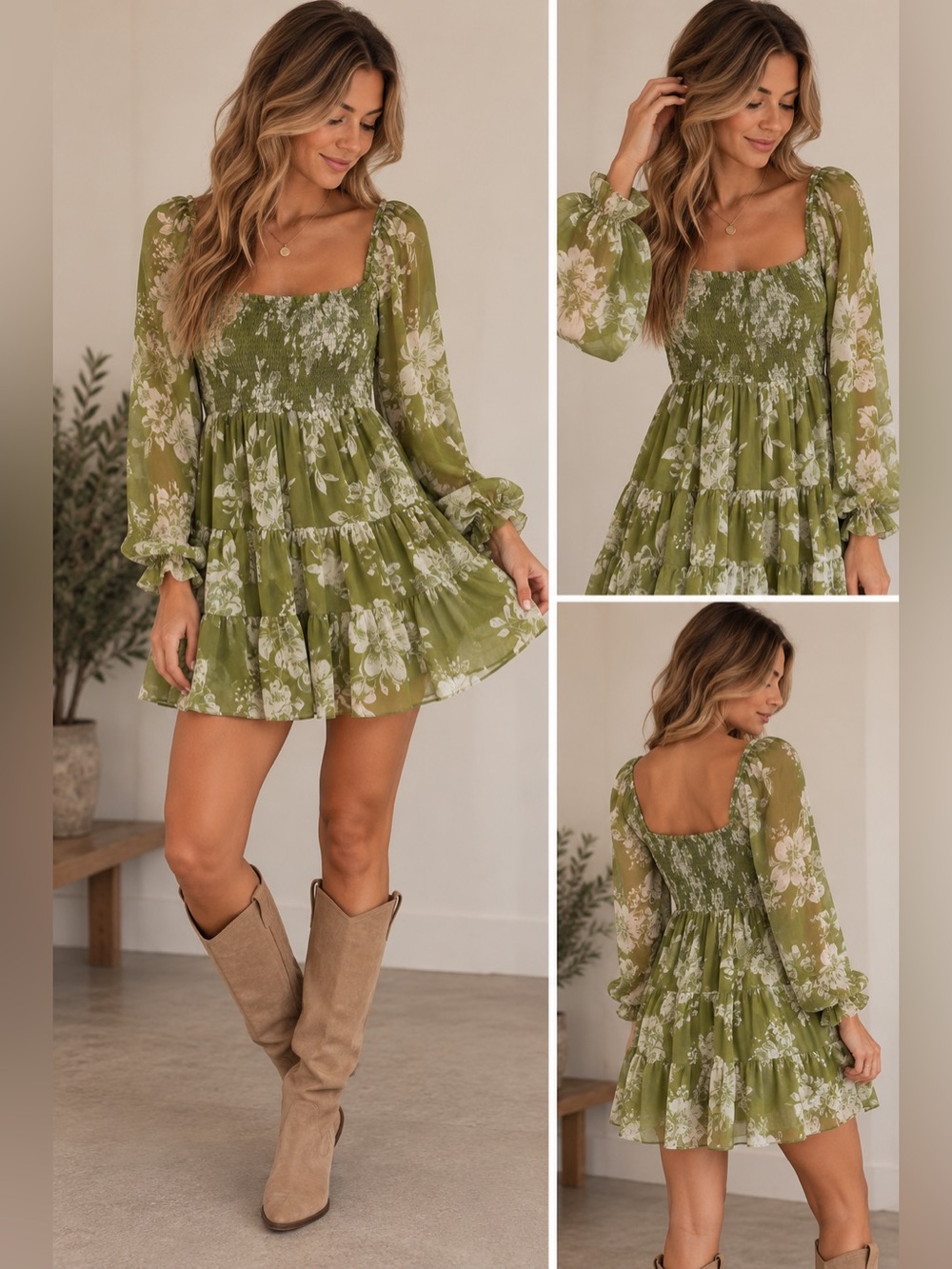 Patrons of Peace Olive Green Floral Smocked Tiered Mini Dress